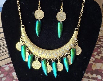 Egyptian Necklace and Earring Set - Elytra Beetle Wings