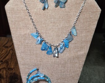 Turquoise Shell Jewelry Set, Caribbean Blue Bracelet, Earrings, Necklace