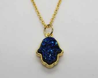 Hamsa Hand Druzy Pendant and Silver or Gold Necklace, Protection Jewelry