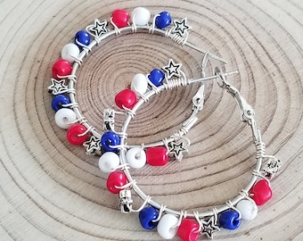 Red White and Blue Beaded Hoop Earrings, Patriotic Star Jewelry