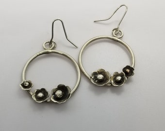 Sterling Silver Flower Hoop Earrings, Blossom Dangle Earrings