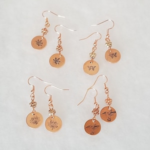 Hand Stamped Copper Earrings, Butterfly, Lotus Flower, Humming Bird, Hemp Leaf, Little Flower Earrings