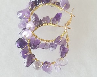 Wire Wrapped Hoop Earrings, Semi-precious Stones, Handmade