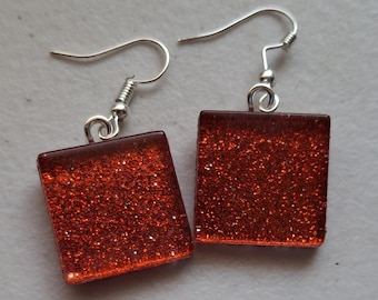 Glitter Glass Tile Dangle Earrings, Sparkle Rainbow Design