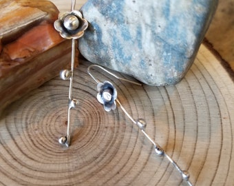 Sterling Silver Flower Branch Earrings, Floral Twig Design