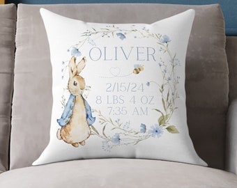 Classic Peter Rabbit Baby Pillow, Baby Birth Stat Pillow, Personalized Newborn Cushion, Boys Nursery Decor, Wildflower Peter Rabbit Cushion