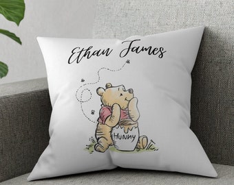 Pooh Bear Personalized Pillow, Classic Pooh Bear Baby Pillow, Winnie-Pooh Bear Baby Pillowcase, Pooh Nursery Room Decor Name Throw Pillow