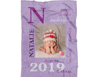 Personalized Baby Photo Newborn Blanket with Birth Stats, Customized Name BirthDate Weight Growth, Custom Keepsake Toddler Throw Girls Boys