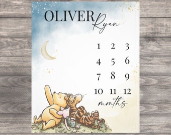 Pooh Bear Baby Milestone Blanket Boy, First Year Calendar Monthly Growth Mat, Personalized Winnie Bear Name Month Blanket, Baby Shower Gift