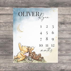 Pooh Bear Baby Milestone Blanket Boy, First Year Calendar Monthly Growth Mat, Personalized Winnie Bear Name Month Blanket, Baby Shower Gift