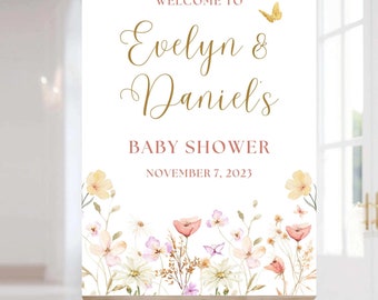 Wildflower Baby Shower Welcome Sign, Baby Girl Welcome Sign, Baby in Bloom Sign, Spring Baby Shower Sign, Boho Floral Printed Foam Board