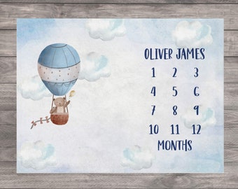 Hot Air Balloon Baby Bear Milestone Blanket, First Year Calendar Monthly Growth Blanket, Personalized Name Month Blanket, Baby Shower Gift