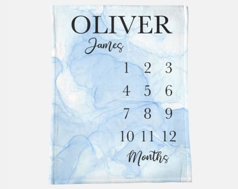Baby Milestone Blanket Boy, Marble Watercolor Personalized Name Month Blanket, First Year Calendar Monthly Growth Chart, Baby Shower Gift