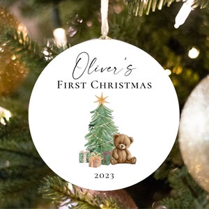 Teddy Bear Baby's First Christmas Ornament 2023, Personalized Baby Holiday Newborn Keepsake, Baby Boy First Christmas Tree Ornament Gift