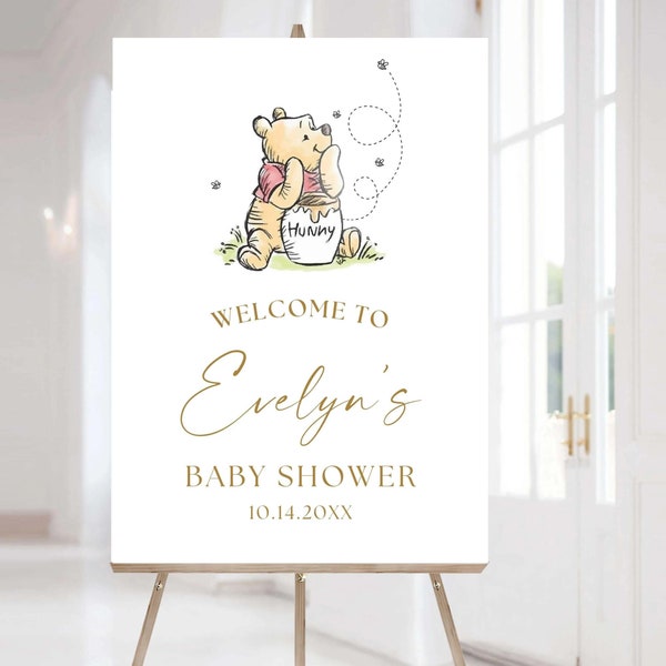 Classic Pooh Baby Shower Welcome Sign, Pooh Bear Party Poster, Gender Neutral Party Sign, Pooh Baby Shower Decorations, Vintage Pooh Sign