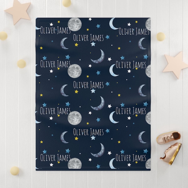 Personalized Baby Blanket Boy, Moon Stars Custom Name Throw, I Love You to the Moon and Back, Newborn Hospital Photo Mat, Baby Shower Gift