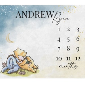 Pooh Bear Baby Milestone Blanket Boy, First Year Calendar Monthly Growth Mat, Personalized Winnie Bear Name Month Blanket, Baby Shower Gift