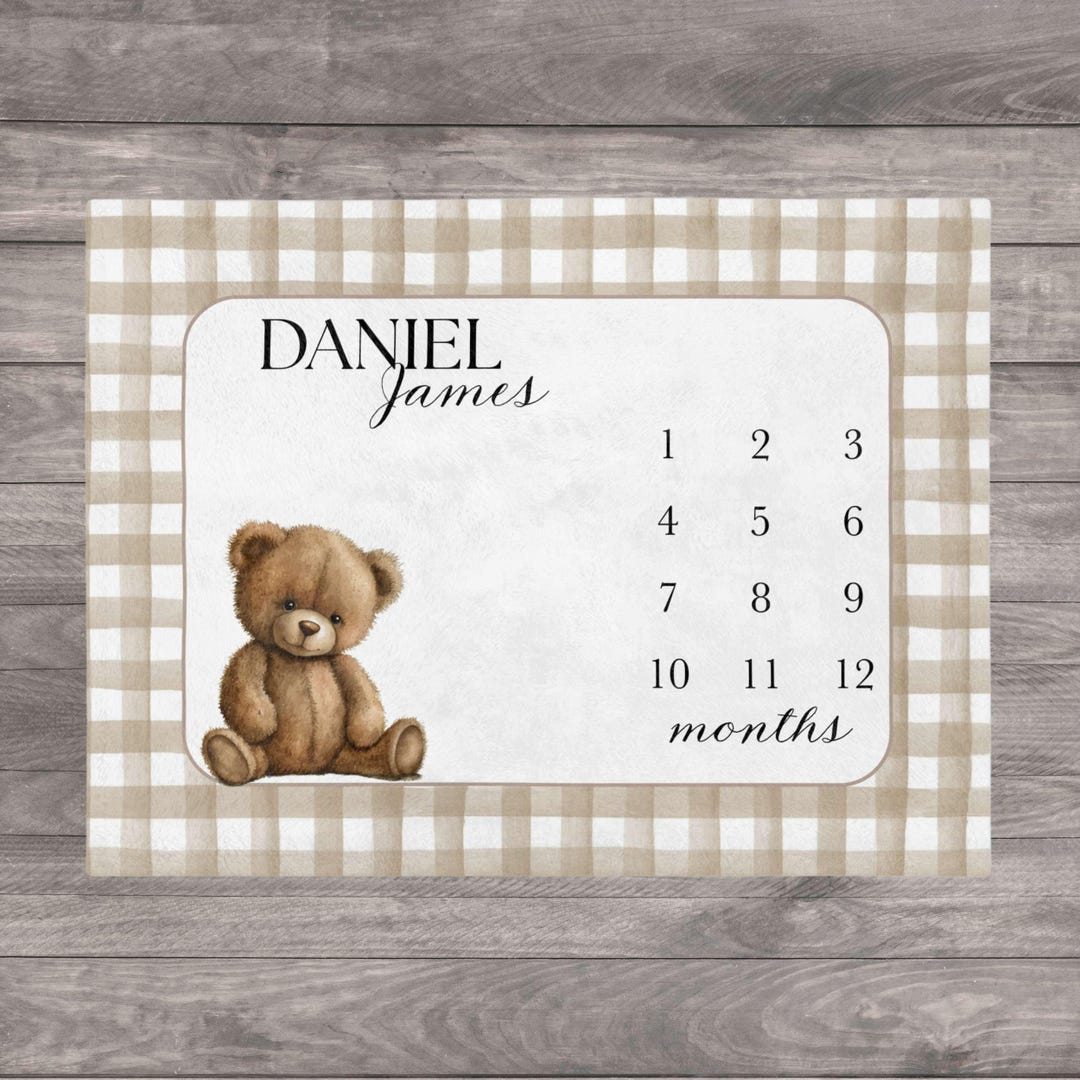 Teddy Bear Milestone Blanket, Brown Gingham Baby Milestone, First Year ...