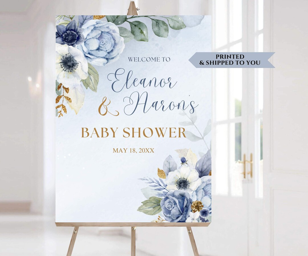 Floral Baby Shower Welcome Sign, Blue Gold Party Poster, Boho Baby ...