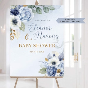 Floral Baby Shower Welcome Sign, Blue Gold Party Poster, Boho Baby Shower Sign, Boy Baby Shower Decorations, Boy Baby Sprinkle