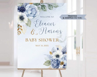 Floral Baby Shower Welcome Sign, Blue Gold Party Poster, Boho Baby Shower Sign, Boy Baby Shower Decorations, Boy Baby Sprinkle