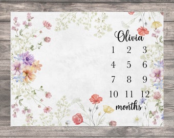 Wildflower Baby Milestone Blanket Girl, Boho Floral Month Blanket, Personalized First Year Calendar Monthly Growth Blanket, Baby Shower Gift