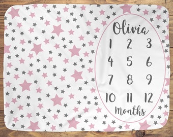 Stars Baby Month Blanket Girl, Personalized Monthly Milestone, First Year Calendar Growth Blanket, Twinkle Little Star, Baby Shower Gift