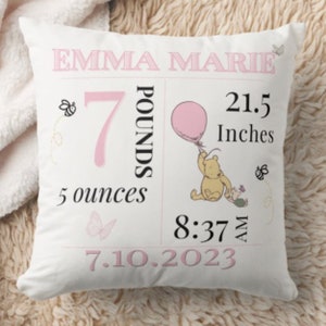 Baby Girl Birth Announcement Pillow, Personalized Name Birth Stat Pillow, Winnie Bear Baby Pillowcase, Nursery Room Decor, Baby Shower Gift