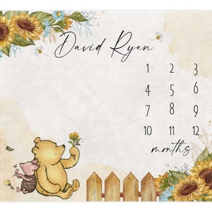 Classic Winnie Bear Milestone Blanket Boy, First Year Calendar Monthly Growth Mat, Personalized Custom Name Month Blanket, Baby Shower Gift