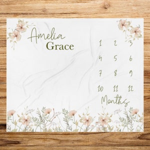 Wildflower Baby Milestone Blanket, Personalized Boho Month Blankets Girl, Botanical Floral Monthly Growth Tracker Photo Mat Baby Shower Gift