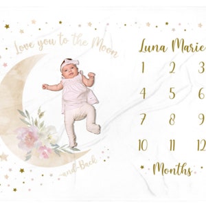 Moon Baby Milestone Blanket Girl, First Year Calendar Monthly Growth Tracker Personalized Name Month Blanket I Love You to the Moon and Back