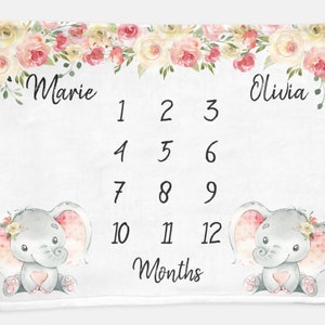 Twin Girls Floral Elephant Baby Month Blanket Girl, Personalized Name Monthly Milestone Blankets, Twin Pink Neutral Nursery, Twins Baby Gift