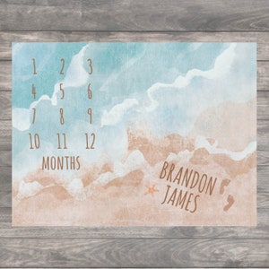 Beach Baby Milestone Blanket Girl, Personalized Name Ocean Month Blanket, First Year Calendar Monthly Name Growth Tracker, Baby Shower Gift