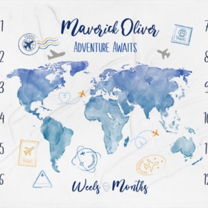 World Map Baby Milestone Blanket Boy, Personalized Name Monthly Adventure Awaits Photo Mat, First Year Calendar Growth Mat, Baby Shower Gift