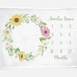 Sunflower Personalized Baby Milestone Blanket, First Year Monthly Growth Blanket, Girl Month Blanket, Yellow Floral Milestone Blanket Gift