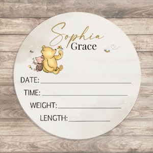 Classic Winnie Bear Baby Birth Stat Announcement, Personalized Wood Round Name Sign, Nursery Decor Boy, Novelty Pooh Bear Baby Shower Gift