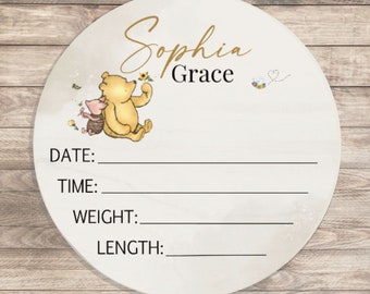 Classic Winnie Bear Baby Birth Stat Announcement, Personalized Wood Round Name Sign, Nursery Decor Boy, Novelty Pooh Bear Baby Shower Gift