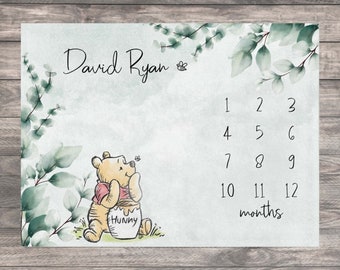 Classic Pooh Bear Baby Milestone Blanket, First Year Calendar Monthly Growth Blanket, Personalized Winnie Bear Baby Month Blanket Boy