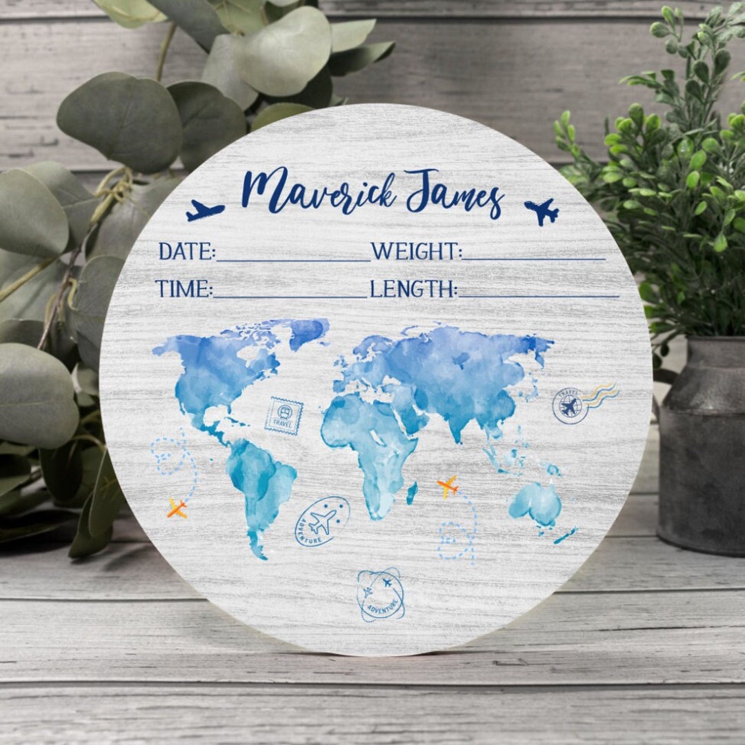 World Map Baby Birth Stat Announcement, Wooden Round Name Sign ...