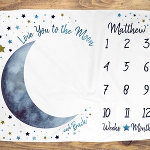 Moon Baby Milestone Blanket Boy, Personalized Name Month Blanket, First Year Calendar Monthly Growth Mat, I Love You to the Moon and Back