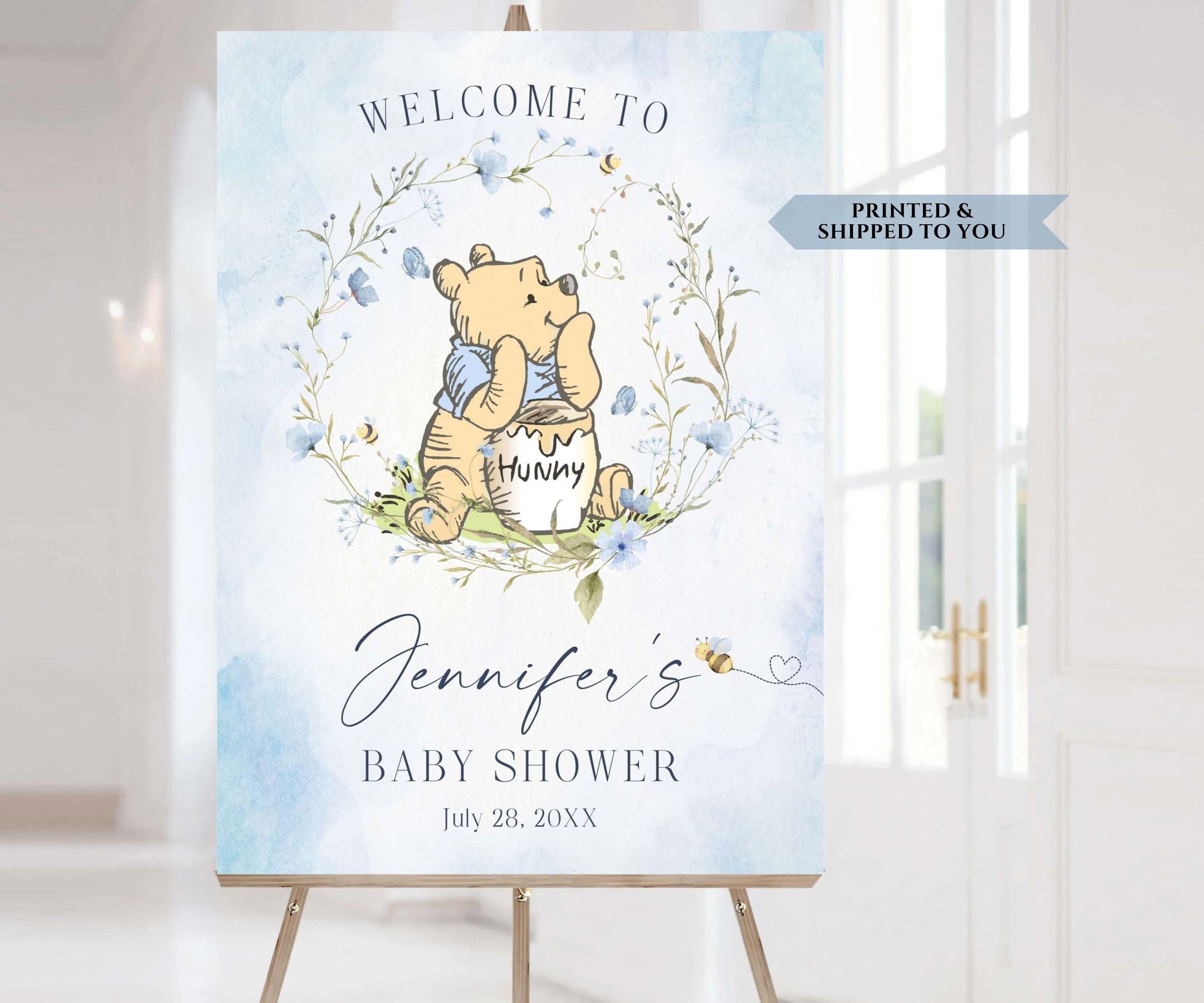 Classic Pooh Baby Shower Welcome Sign, Pooh Bear Party Poster, Blue Wildflower Party Sign, Pooh Baby Shower Decorations, Vintage Pooh Sign