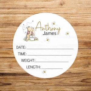 Classic Winnie Bear Baby Birth Stat Announcement, Personalized Wood Round Name Sign, Nursery Decor Boy, Novelty Baby Shower Gift
