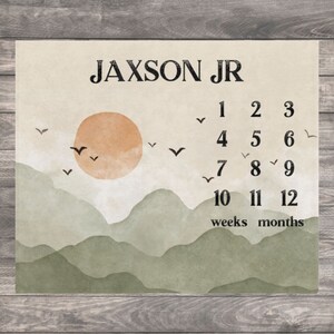 Mountain Baby Milestone Blanket Boy, Personalized Month Blanket, First Year Calendar Monthly Growth Adventure Blanket, Baby Shower Gift
