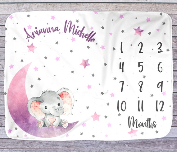 Moon Baby Milestone Blanket Girl, Personalized Name Month Blanket, First Year Calendar Monthly Growth Blanket, Elephant Baby Shower Gift