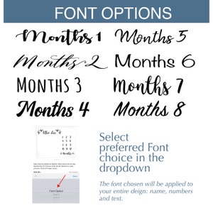 May include: A white board with a black frame showing a baby milestone chart with the text "Ellie Lia" and numbers 1 through 12. The board is on a white surface. Below the board is a screenshot of a phone screen showing a dropdown menu with the text "Font Option" and the options "Font 1" and "Font 2". The text "Select preferred Font choice in the dropdown" is below the phone screen. The text "The font chosen will be applied to your entire design: name, numbers and text." is below the dropdown menu.