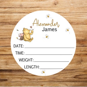 Classic Winnie Bear Baby Birth Stat Announcement, Personalized Wood Round Name Sign, Nursery Wall Decor Boy Girl, Novelty Baby Shower Gift