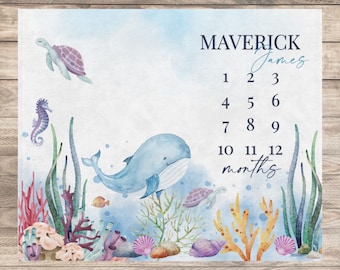 Manta de hitos para bebé con temática marina para niño, manta de ballenas para niña, tabla de crecimiento mensual para el primer año, regalo para baby shower con temática oceánica