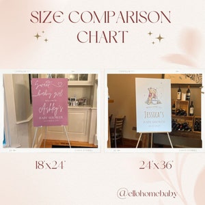 May include: A size comparison chart for baby shower signs. The chart shows two signs, one is 18 inches by 24 inches and the other is 24 inches by 36 inches. The smaller sign is pink with white text that says "Sweet baby girl" and "Ashley's Baby Shower". The larger sign is white with a Winnie the Pooh illustration and the text "Welcome to Jessica's Baby Shower".