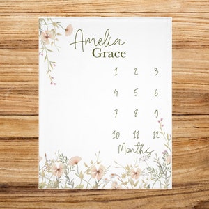 Wildflower Baby Milestone Blanket Girl, Boho Personalized Name Month Blanket, First Year Calendar Monthly Growth Tracker, Baby Shower Gift