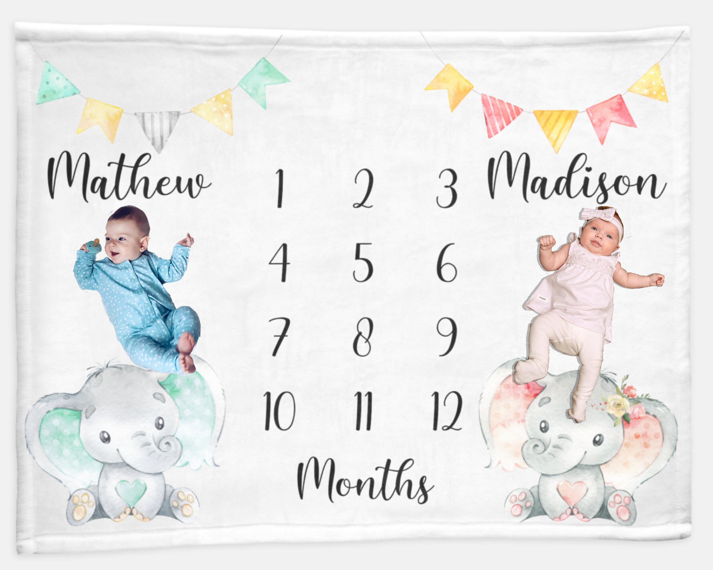 Twin Elephant Baby Month Blanket Boy Girl Nombre Etsy